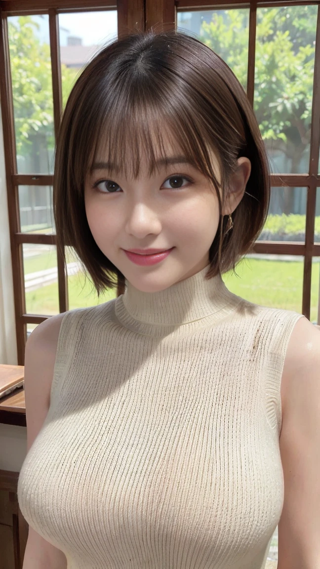 Highest quality, masterpiece, Ultra-high resolution, (Realistic:1.4), Beautiful woman, ((Big Breasts:1.3)), (((Short Bob))), (((Brown ash))), Beautiful Skin, Fine skin, 魅惑的なsmile, Background blur, smile, Hair over the ears, beautiful girl, Fair skin, Voluptuous, Plump body, (Highest quality、Tabletop、8K、Best image quality、Award-winning works)、1 female、(Perfect sleeveless turtleneck knit sweater dress in random colors:1.3)、(short hair:1.1)、(Baby Face:1.2)、最大のsmileが私を見て、(Big Breasts:1.2)、Exactly、(Accentuate your body lines:1.2)、Low length、(Glamorous Body:1.2)、(Chubby body type:1.2)、優雅で美しい窓辺にStanding Elegantly.、(Standing Elegantly:1.2)、(Elegant and beautiful curtains:1.1)、(Perfectly organized and beautiful windows in a new home:1.1)、Refresh Window、(A refreshing view from the window:1.1)、New beautiful wall、Natural Makeup、Ultra-high definition beauty face、Ultra HD Hair、Ultra-high definition sparkling eyes、(Ultra-high resolutionの光沢の肌:1.1)、Ultra-high quality glossy lips、(Accurate anatomy:1.1)、(very bright and vivid:1.4)、(Bright and beautiful skin:1.4)