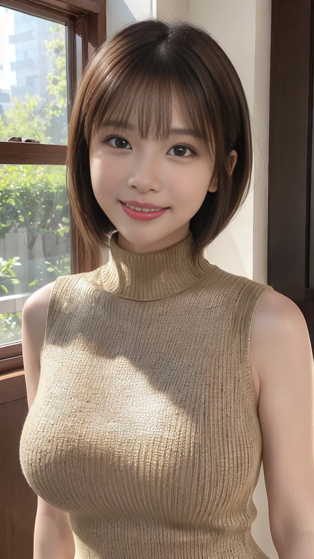 Highest quality, masterpiece, Ultra-high resolution, (Realistic:1.4), Beautiful woman, ((Big Breasts:1.3)), (((Short Bob))), (((Brown ash))), Beautiful Skin, Fine skin, 魅惑的なsmile, Background blur, smile, Hair over the ears, beautiful girl, Fair skin, Voluptuous, Plump body, (Highest quality、Tabletop、8K、Best image quality、Award-winning works)、1 female、(Perfect sleeveless turtleneck knit sweater dress in random colors:1.3)、(short hair:1.1)、(Baby Face:1.2)、最大のsmileが私を見て、(Big Breasts:1.2)、Exactly、(Accentuate your body lines:1.2)、Low length、(Glamorous Body:1.2)、(Chubby body type:1.2)、優雅で美しい窓辺にStanding Elegantly.、(Standing Elegantly:1.2)、(Elegant and beautiful curtains:1.1)、(Perfectly organized and beautiful windows in a new home:1.1)、Refresh Window、(A refreshing view from the window:1.1)、New beautiful wall、Natural Makeup、Ultra-high definition beauty face、Ultra HD Hair、Ultra-high definition sparkling eyes、(Ultra-high resolutionの光沢の肌:1.1)、Ultra-high quality glossy lips、(Accurate anatomy:1.1)、(very bright and vivid:1.4)、(Bright and beautiful skin:1.4)