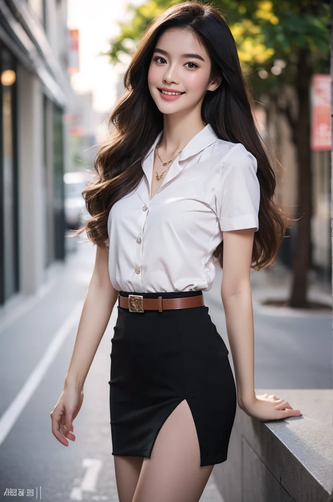 Masterpiece, best quality, 8K, photorealistic, anatomically correct, depth of field, Young Thai woman, 21 years old, My hair is long and wavy., golden brown hair, Small eyes , Eyes on the camera, His eyes sparkled., Long eyelashes, plump lips, cheekbone, upturned nose, Protruding chin, Smooth and soft skin, Long, slender neck, necklace, The figure is very thin., Dark eyebrows, Blush red cheeks, Eyes on the camera, smile a little, small breasts, white short sleeve shirt, collar shirt, women belt, black short pencil skirt, very short, side slit, Long, slender legs, Wear high heels, full body, Standing in the middle of a busy street with people in university