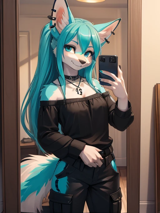 Miku Hatsune, add high definition_detail:1, blue fur,kitsune ears, tribal tattoo add_detail:1, She takes a selfie in front of the mirror in a room during a full moon showing off her beautiful figure and her outfit. (black blouse bare shoulders, black cargo pants)sweaty body add_details:1, smiling add_detailsl:1, ear piercing add_detail:1, view in front of the mirror full body add_detail:1