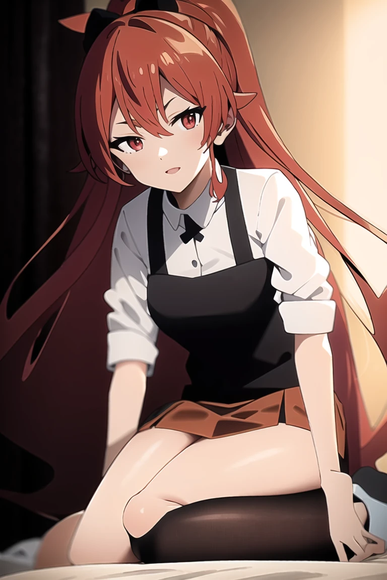 You will be boring, Red hair, hair between the eyes, Skirt, shirt, crouched forward, (probably without panties, vagina partially) visible Masterpiece, Best Quality, Very detailed, 