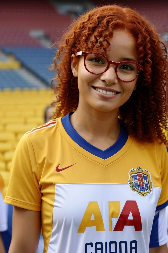 Woman with curly red hair, white frame glasses, wearing a Colombian national team shirt with the word Catalina on it., in the football stadium