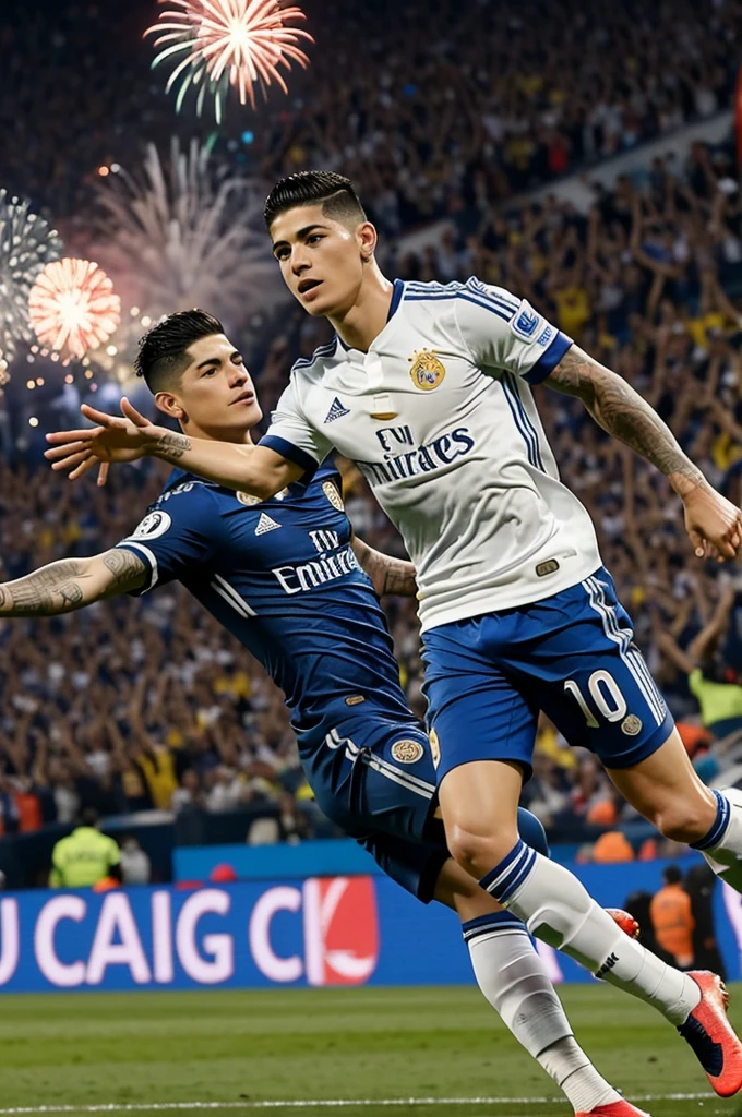 James Rodriguez with the number 10 on his back scoring a goal in a soccer stadium and fireworks in the sky1