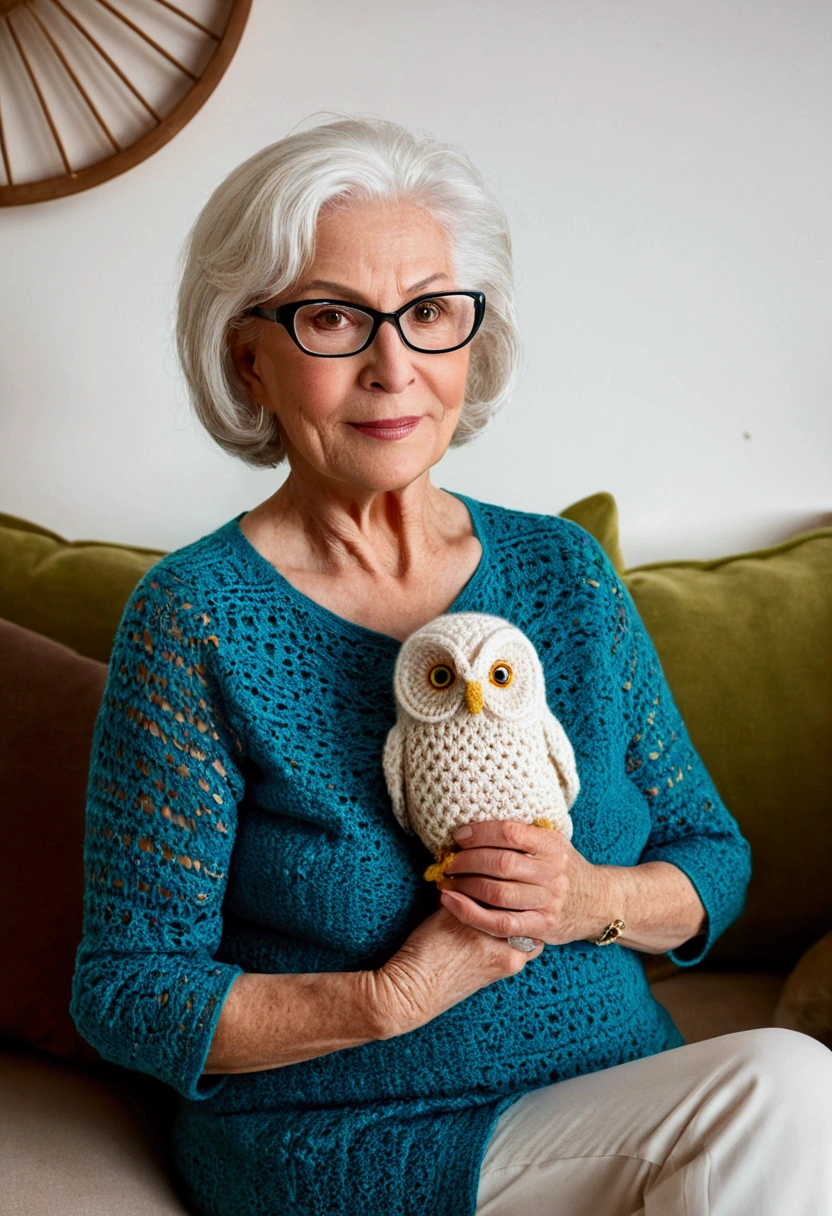 (((I'm doing a photo shoot))) Women around 60 years of age, natural white hair, Slim and elegant, comely, ultra sharp focus, realistic footage, s whole body, Low angle Create a captivating description of a lady over 60 sitting on the sofa, lovingly holding a large, beautiful crochet owl that she made herself. Highlight the expression of joy and accomplishment on the lady's face