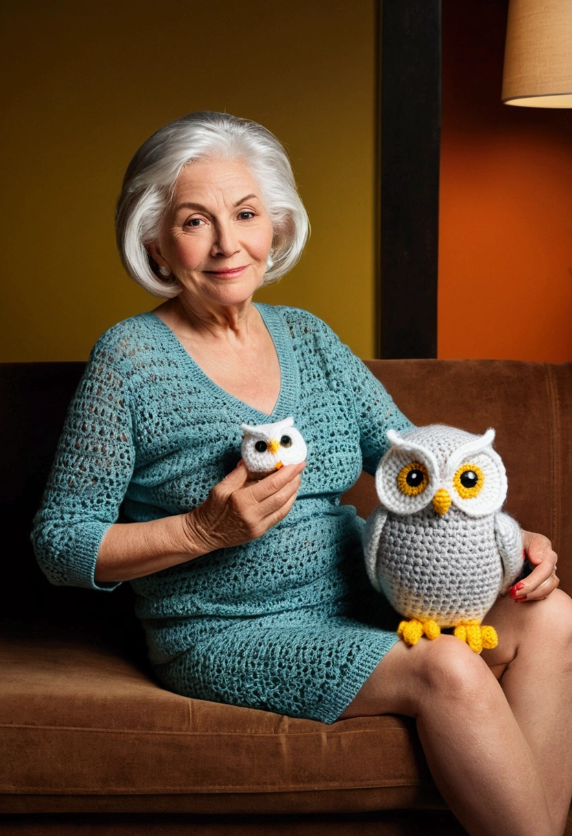 (((I'm doing a photo shoot))) Women around 60 years of age, natural white hair, Slim and elegant, comely, ultra sharp focus, realistic footage, s whole body, Low angle Create a captivating description of a lady over 60 sitting on the sofa, lovingly holding a large, beautiful crochet owl that she made herself. Highlight the expression of joy and accomplishment on the lady's face