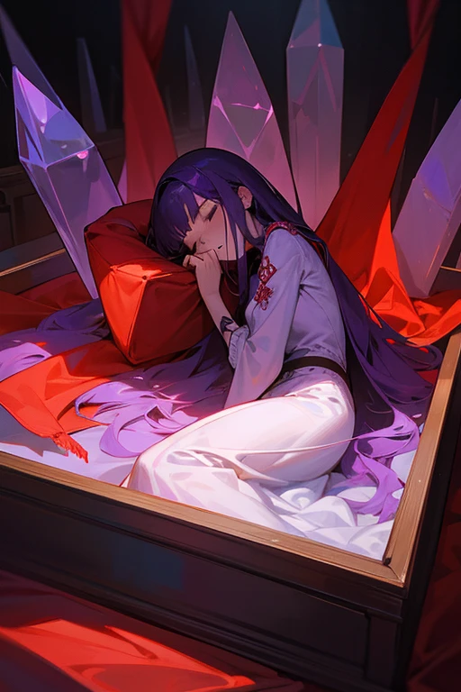 In a crystal coffin, The dead female leader lies quietly inside, The red flag covered her like a quilt, She only showed her head, The whole body is covered with red flags, She seemed to be asleep., Long blue-purple hair, People gathered around her in grief., Second dimension style