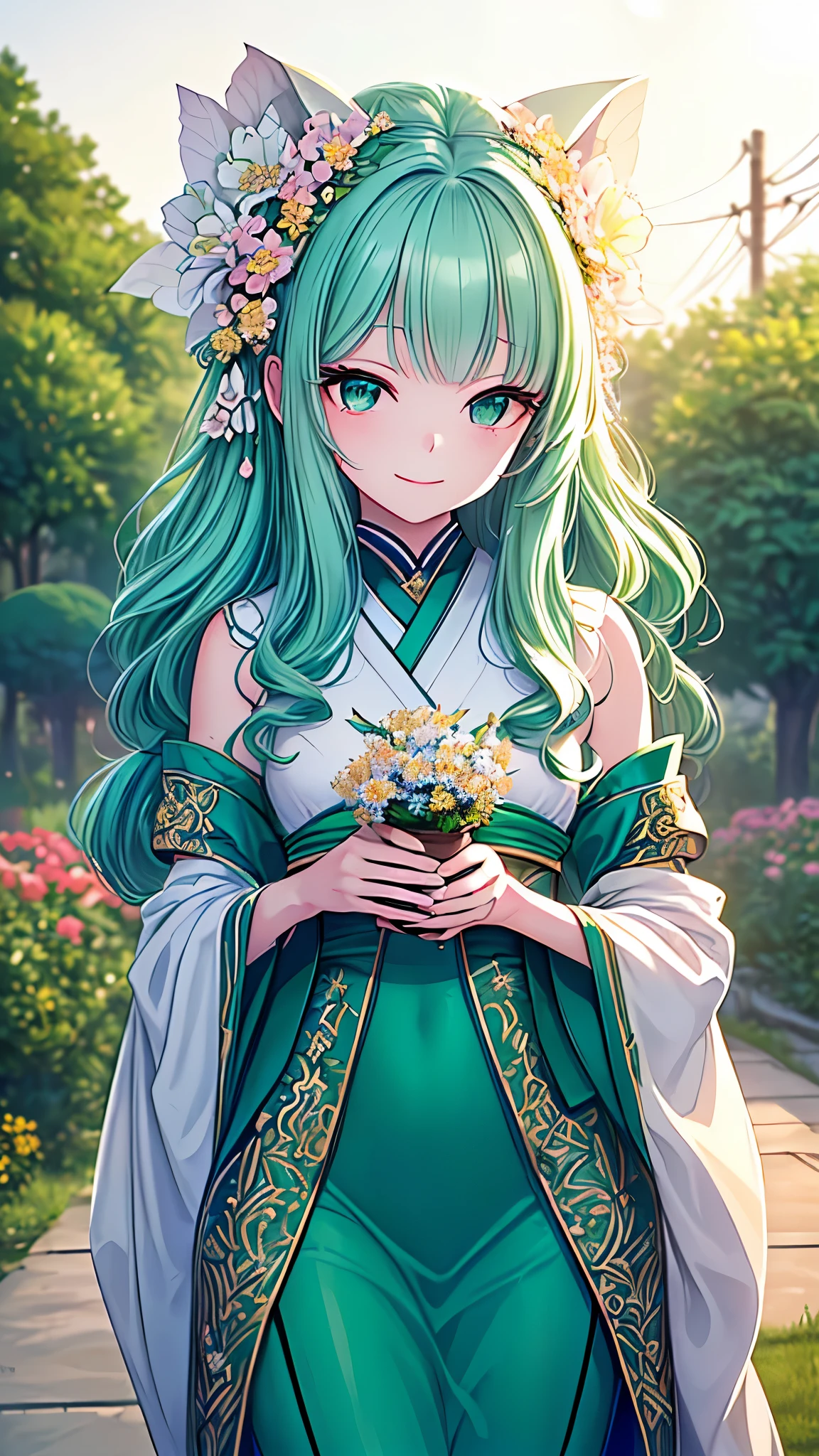 ((best quality)), ((masterpiece)), (detailed), une fille, visage parfait, Longhaire, ((golden hair)), curly hair, decorated cheveux, ultramarine blue eyes,(

Name: Yumi Sakura
Element: VERDANTHIA
Description: A graceful and devoted botanist who can revive the dead plants with her magical touch. With long, wavy, emerald-green hair and bright, sparkling, jade-green eyes, Yumi embodies the essence of new growth and life. Dressed in a simple, flowing, green kimono, she is forever seeking ways to care for the verdant world around her.
Prompt: ((((Obra maestra, La mejor calidad, ultrahigh resolution)))), 1girl, standing, (long, wavy, emerald-green hair), ((green eyes)), long kimono, (((ultra detailed face, beautiful and detailed features, detailed eyes:0.9))), ((centered)), (outdoors, flowers, garden), medium breasts, looking at viewer, ((happy smile)), ((perfect hands)), (((head:1, arms, hips in view, elbows, thighs, in view))), ((hands in front of chest, holding flower)), lively eyes, beautiful lighting, outside, outdoors, background, ((defined subject, gentle and peaceful expression)), 24 years old, (looking at viewer), (((gentle, kind, compassionate)))

)
