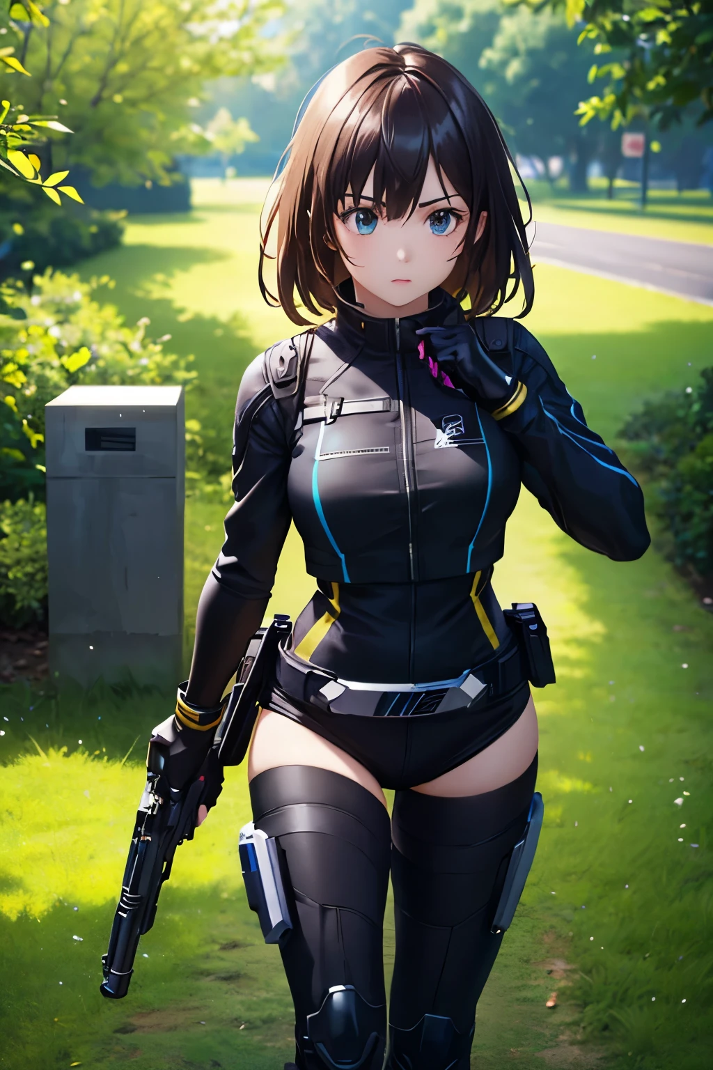 1girl, solo,Black power ranger costume, holding a gun,,, looking at viewer, walking in the park, (extremely detailed CG unity 8k wallpaper,masterpiece, best quality, ultra-detailed),half body photo 