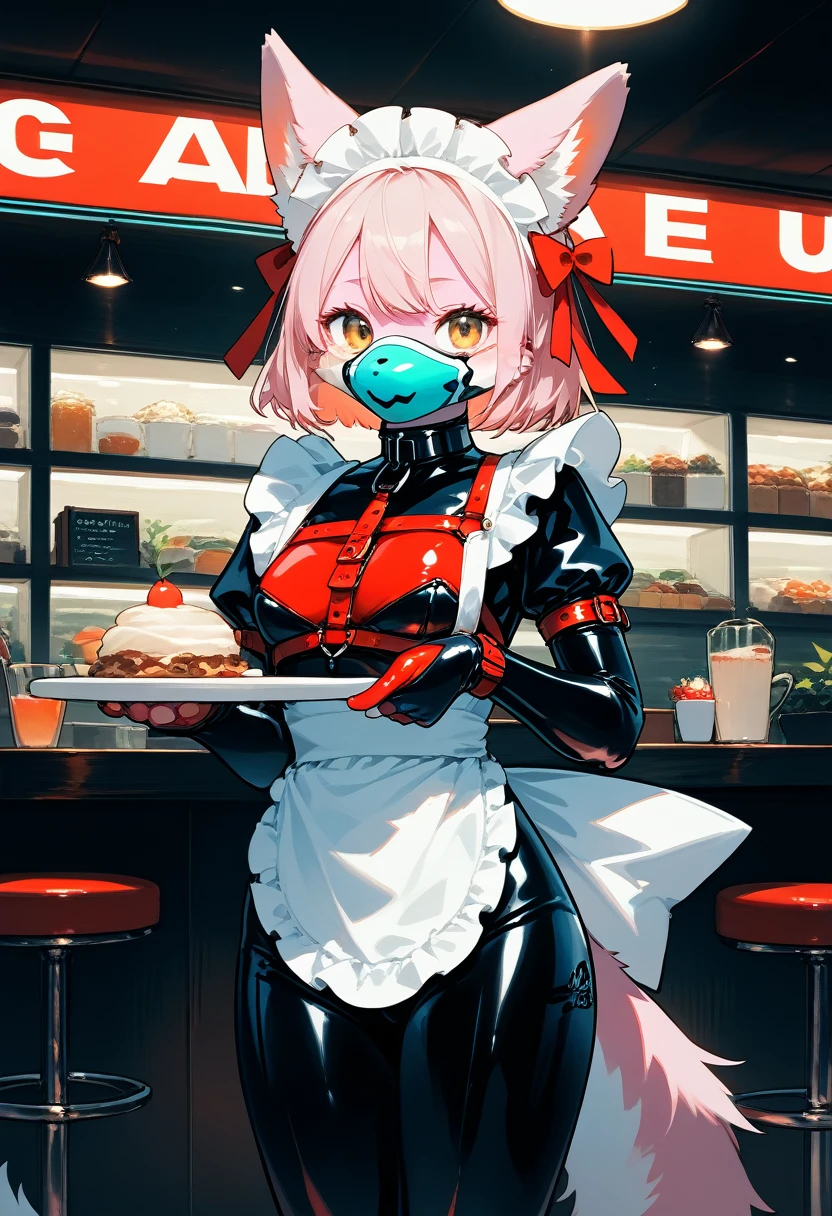 Highest quality, Highest quality, High quality illustrations, masterpiece, Ultra-high resolution, Detailed Background, Cafe, Absurd, Perfect Anatomy, performance, Good lighting, Shadows in the movies(kemono, Furry Personifi猫ion), Pink Skin, Rubber suit, Rubber suit, latex, neon, neonライト, neonカラー, Rubber maid outfit, ribbon, Rubber mask, Red harness