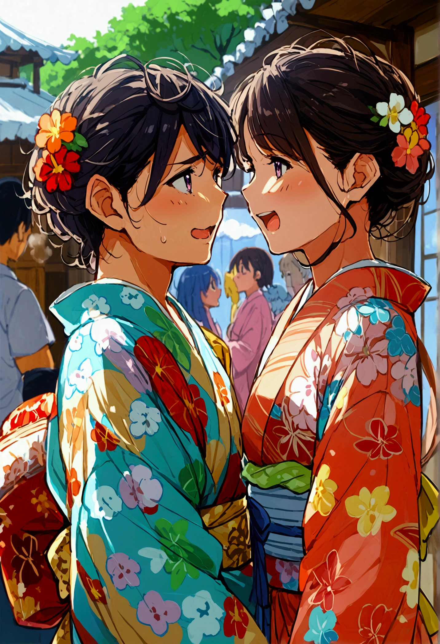 夏のyukataを着て立っている、上品なyukata、yukata、Kimono of the common people、カラフルなyukata、日本の夏のyukata、日本の古典的な夏のかわいいyukata、花柄の赤いyukata、Summer festival style