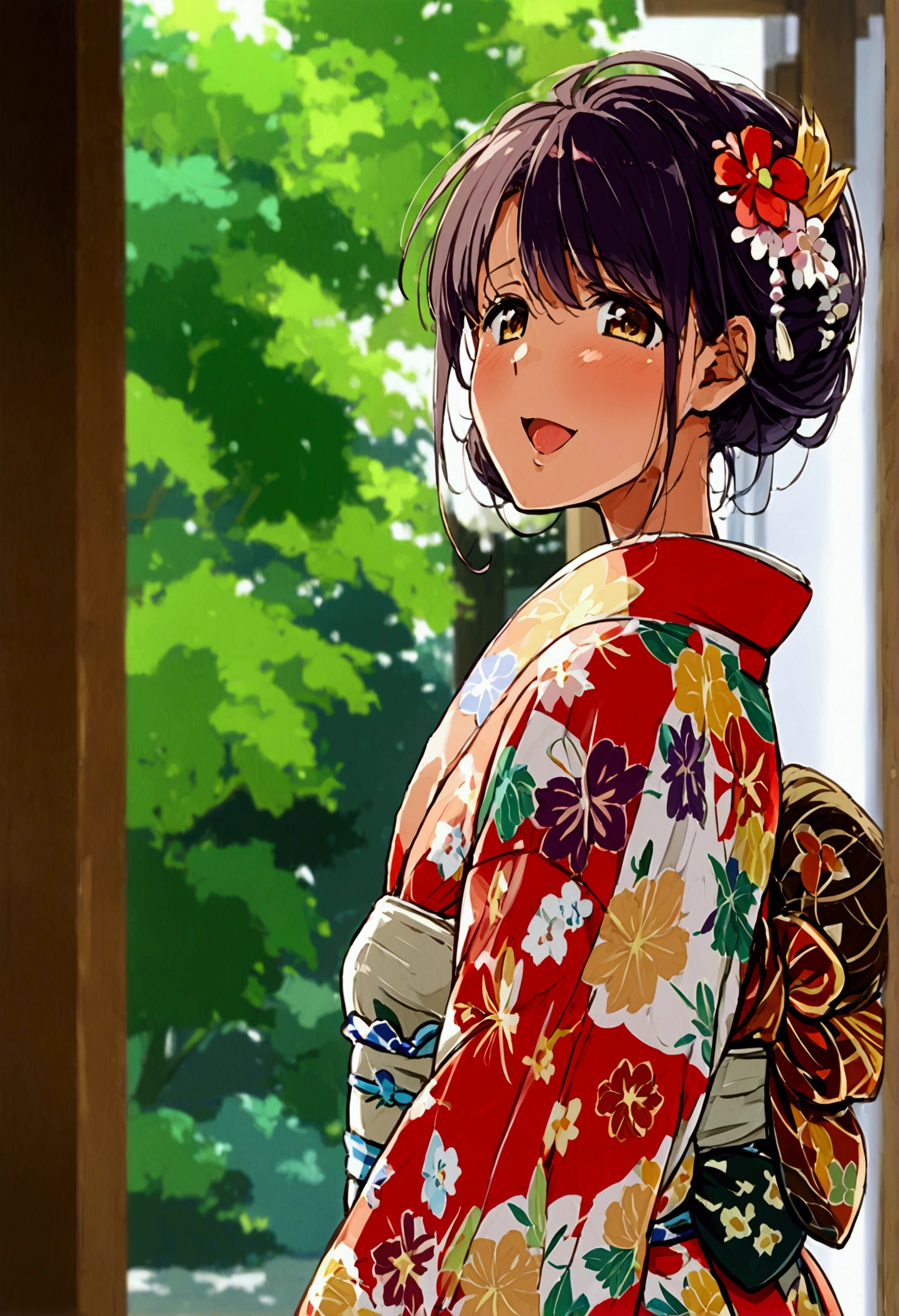夏のyukataを着て立っている、上品なyukata、yukata、Kimono of the common people、カラフルなyukata、日本の夏のyukata、日本の古典的な夏のかわいいyukata、花柄の赤いyukata、Summer festival style