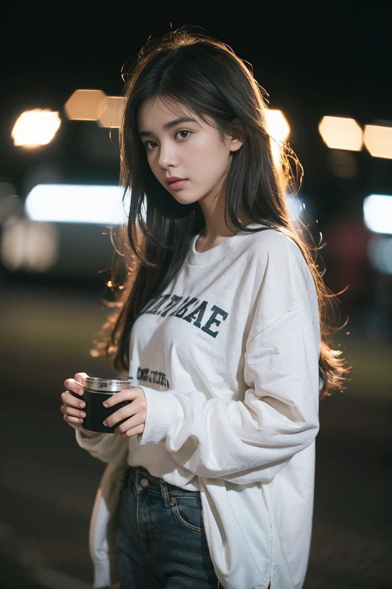 a beautiful college girl, brunette, close-up, girl next door, baggy clothes, night, interior, messy hair, film grain, retro, (bokeh:1.3), Porta 160 color, shot on ARRI ALEXA 65, sharp focus on subject, Fujifilm XT-3