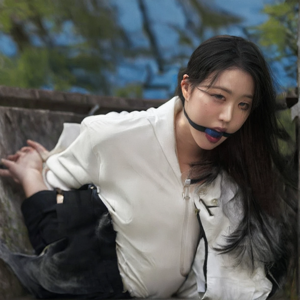 Wonyoung, One girl, alone, Blurred background, Black Hair, Outdoor, Light on the face, Realistic, Iris, Upper Body, lips, Fine grain, Detailed Iris, Detailed face, Day, null, Realistic, Blurred, blue null, shirt, white shirt, Beautiful Hair, Jacket, View your viewers, High resolution, masterpiece,hogtied&gagged,