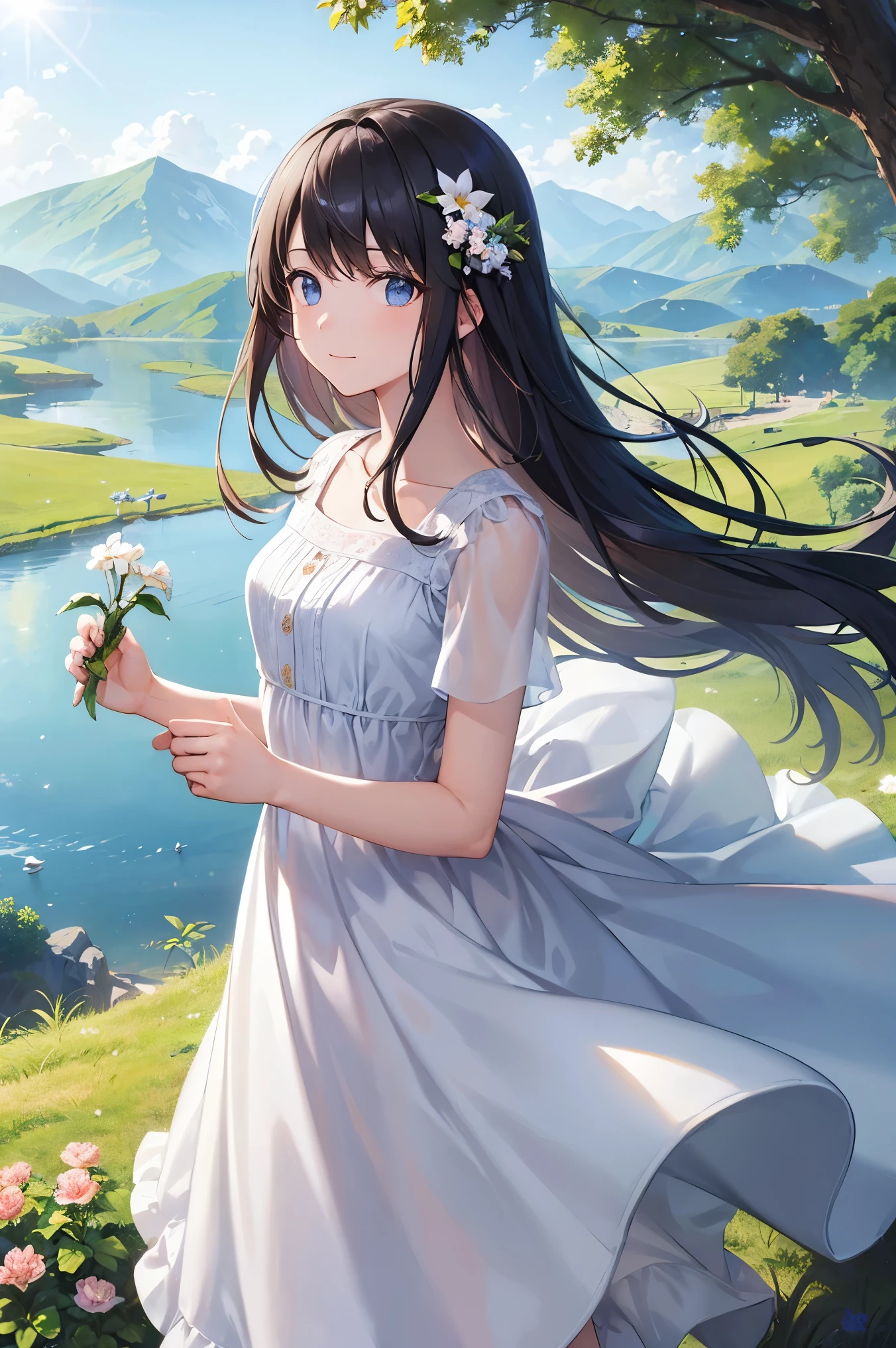 (masterpiece, Highest quality:1.2), One girl, alone, scenery, figure, View your viewers, Outdoor, Depth of field, Light on the face, Portraiture,
sunlight, null, smile, Are standing, Glowing Eyes, Lens flare, countryside, country, Long Hair, Floating Hair, flower, wood, lake, Hills, cloud, White Dress,