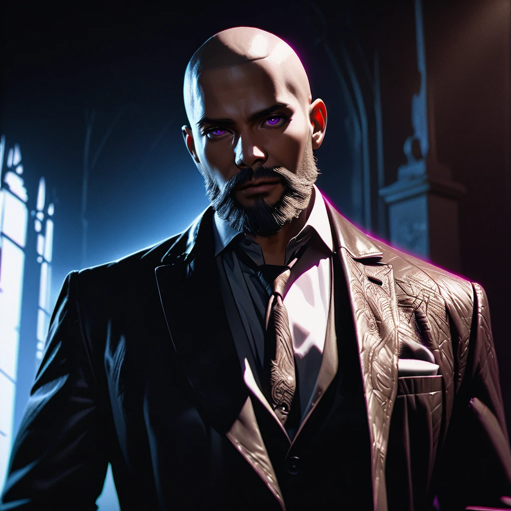 a stylish man in a formal suit, leather gloves, shaved head and beard, deep purple eyes, chiaroscuro lighting, cinematic, dramatic, moody, high contrast, hyper detailed, photorealistic, 8k, best quality, masterpiece