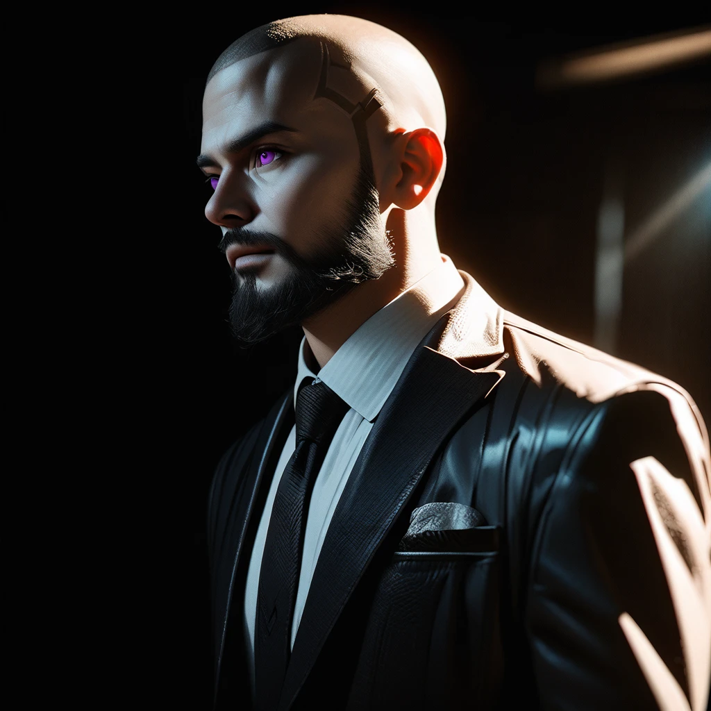 a stylish man in a formal suit, leather gloves, shaved head and beard, deep purple eyes, chiaroscuro lighting, cinematic, dramatic, moody, high contrast, hyper detailed, photorealistic, 8k, best quality, masterpiece