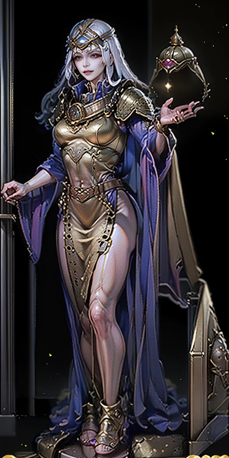 Solo Female:
Body:
Tall and slim with an hourglass figure
Toned and muscular physique
Slender abs
Perfect anatomy
Attire:
White thigh-high lingerie
Golden breastplate
Golden cape
Gold gauntlets
Gold crown
High heels (feet together)
Face:
Detailed with defined cheekbones and puffy lips
Shadowed eyes gazing at the viewer
Lustful, smirking smile with blushed red cheeks
Overall:
Masterpiece depiction