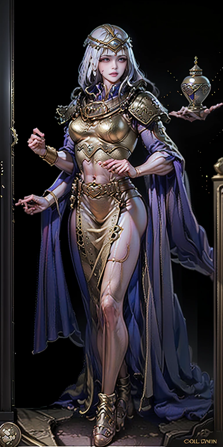Solo Female:
Body:
Tall and slim with an hourglass figure
Toned and muscular physique
Slender abs
Perfect anatomy
Attire:
White thigh-high lingerie
Golden breastplate
Golden cape
Gold gauntlets
Gold crown
High heels (feet together)
Face:
Detailed with defined cheekbones and puffy lips
Shadowed eyes gazing at the viewer
Lustful, smirking smile with blushed red cheeks
Overall:
Masterpiece depiction