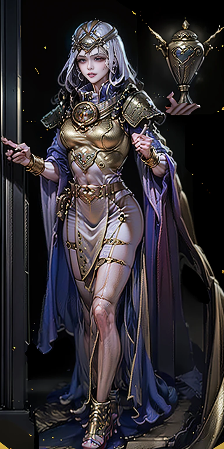 Solo Female:
Body:
Tall and slim with an hourglass figure
Toned and muscular physique
Slender abs
Perfect anatomy
Attire:
White thigh-high lingerie
Golden breastplate
Golden cape
Gold gauntlets
Gold crown
High heels (feet together)
Face:
Detailed with defined cheekbones and puffy lips
Shadowed eyes gazing at the viewer
Lustful, smirking smile with blushed red cheeks
Overall:
Masterpiece depiction
