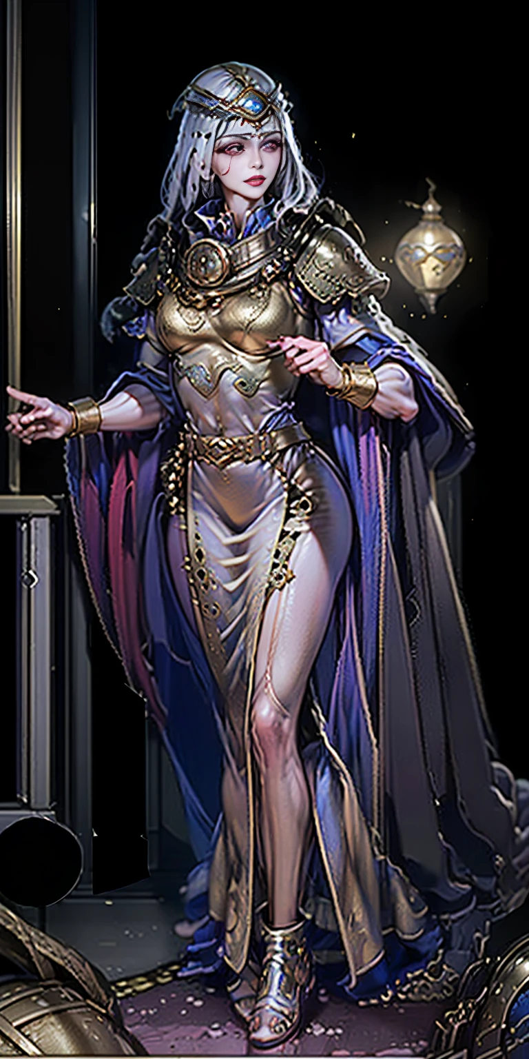 Solo Female:
Body:
Tall and slim with an hourglass figure
Toned and muscular physique
Slender abs
Perfect anatomy
Attire:
White thigh-high lingerie
Golden breastplate
Golden cape
Gold gauntlets
Gold crown
High heels (feet together)
Face:
Detailed with defined cheekbones and puffy lips
Shadowed eyes gazing at the viewer
Lustful, smirking smile with blushed red cheeks
Overall:
Masterpiece depiction
