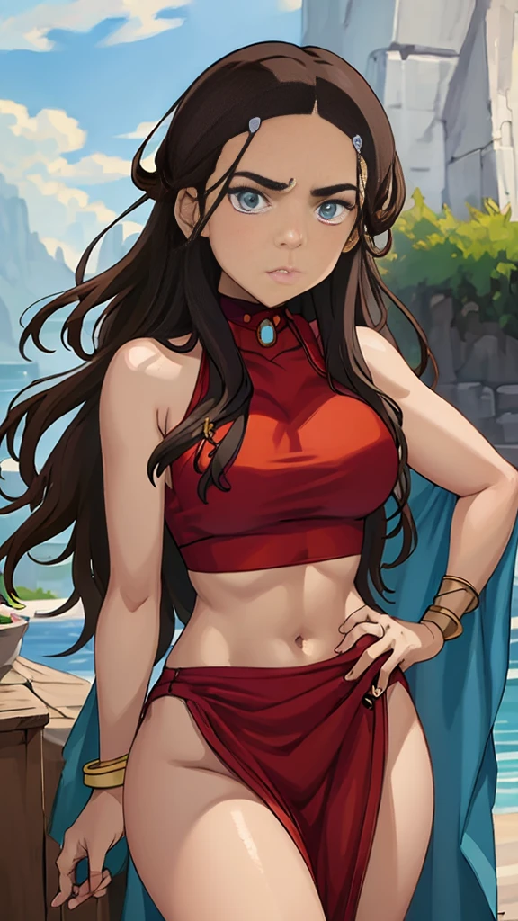 masterpiece, best quality, highres, highest quality, absurdres, kataras3, dark skin, traditional media, (painting \(medium\)), bracelet, long hair, brown hair, crop top, midriff, navel, sharp expressive eyes, perfect face, wide hips, thick lineart, atmospheric lighting, smooth, beautifully detailed riverbank background, cinematic composition, Joe Madureira, red clothing,