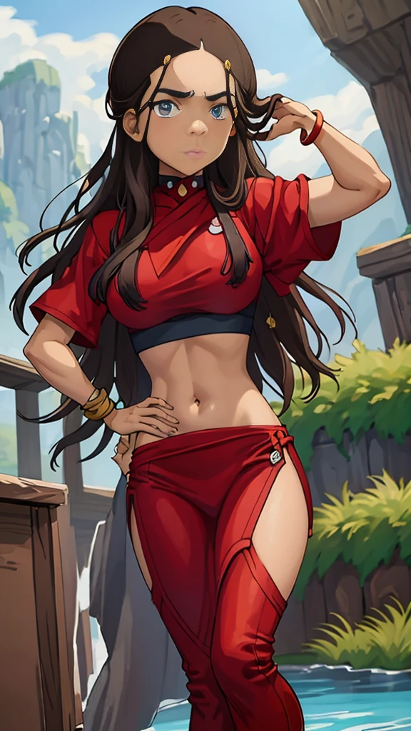 masterpiece, best quality, highres, highest quality, absurdres, kataras3, dark skin, traditional media, (painting \(medium\)), bracelet, long hair, brown hair, crop top, midriff, navel, sharp expressive eyes, perfect face, wide hips, thick lineart, atmospheric lighting, smooth, beautifully detailed riverbank background, cinematic composition, Joe Madureira,  red clothing, 