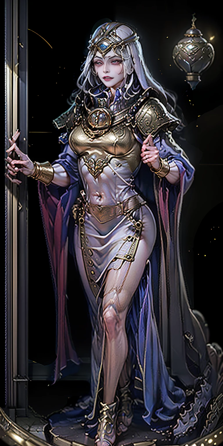 Solo Female:
Body:
Tall and slim with an hourglass figure
Toned and muscular physique
Slender abs
Perfect anatomy
Attire:
White thigh-high lingerie
Golden breastplate
Golden cape
Gold gauntlets
Gold crown
High heels (feet together)
Face:
Detailed with defined cheekbones and puffy lips
Shadowed eyes gazing at the viewer
Lustful, smirking smile with blushed red cheeks
Overall:
Masterpiece depiction
