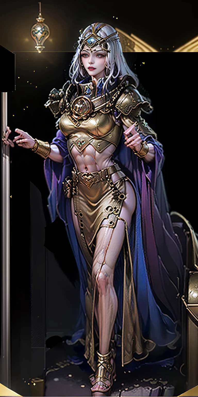 Solo Female:
Body:
Tall and slim with an hourglass figure
Toned and muscular physique
Slender abs
Perfect anatomy
Attire:
White thigh-high lingerie
Golden breastplate
Golden cape
Gold gauntlets
Gold crown
High heels (feet together)
Face:
Detailed with defined cheekbones and puffy lips
Shadowed eyes gazing at the viewer
Lustful, smirking smile with blushed red cheeks
Overall:
Masterpiece depiction
