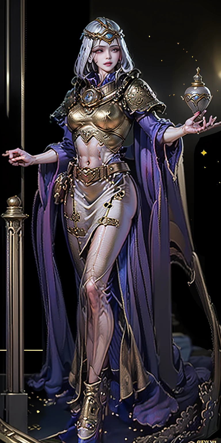Solo Female:
Body:
Tall and slim with an hourglass figure
Toned and muscular physique
Slender abs
Perfect anatomy
Attire:
White thigh-high lingerie
Golden breastplate
Golden cape
Gold gauntlets
Gold crown
High heels (feet together)
Face:
Detailed with defined cheekbones and puffy lips
Shadowed eyes gazing at the viewer
Lustful, smirking smile with blushed red cheeks
Overall:
Masterpiece depiction