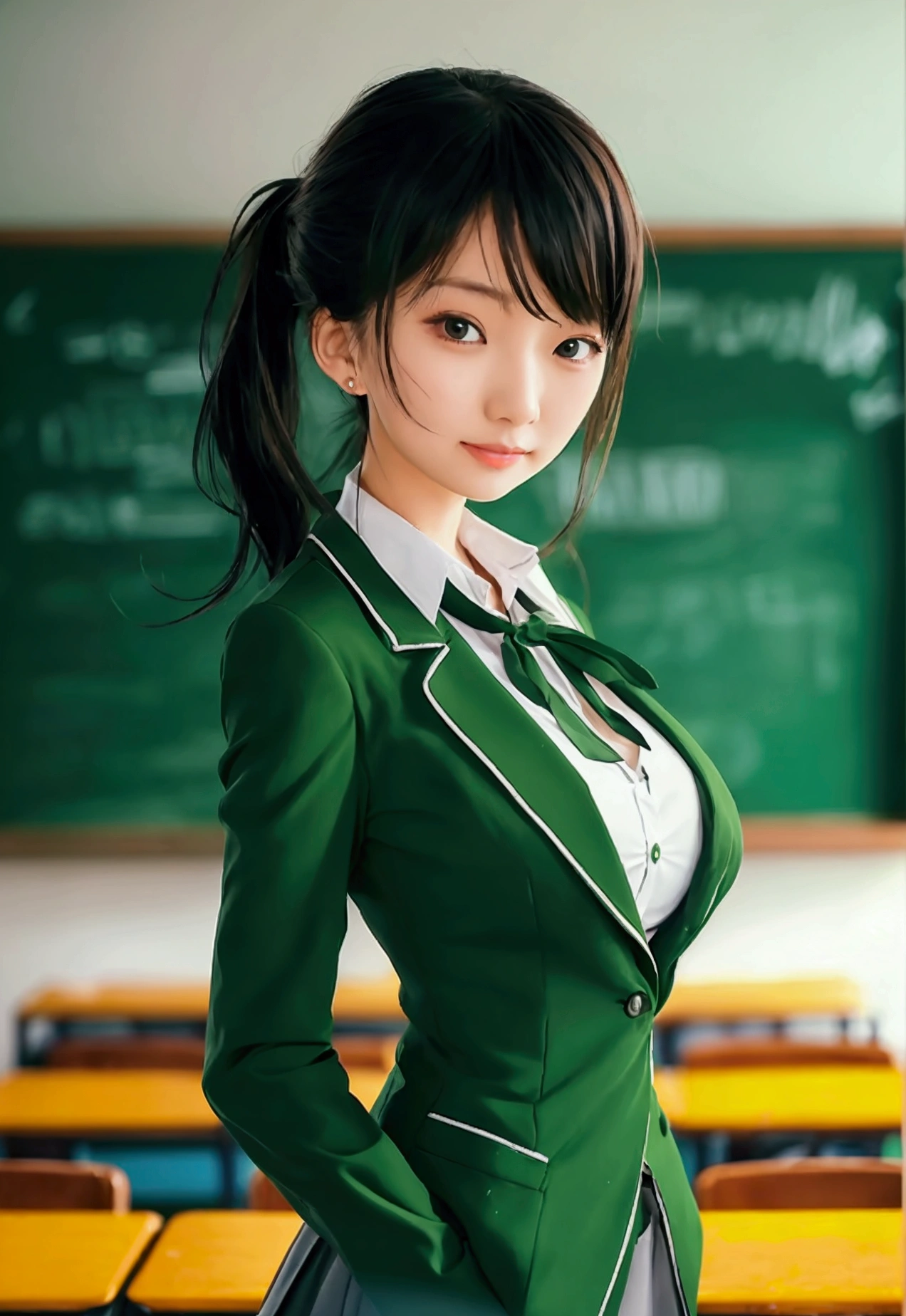 (high quality), (female teacher in green suit standing in classroom teaching), solo, 1 female, dark hair, medium hair, tied back, dark eyes, breasts showing, nipples, suit, tight skirt, classroom, teacher