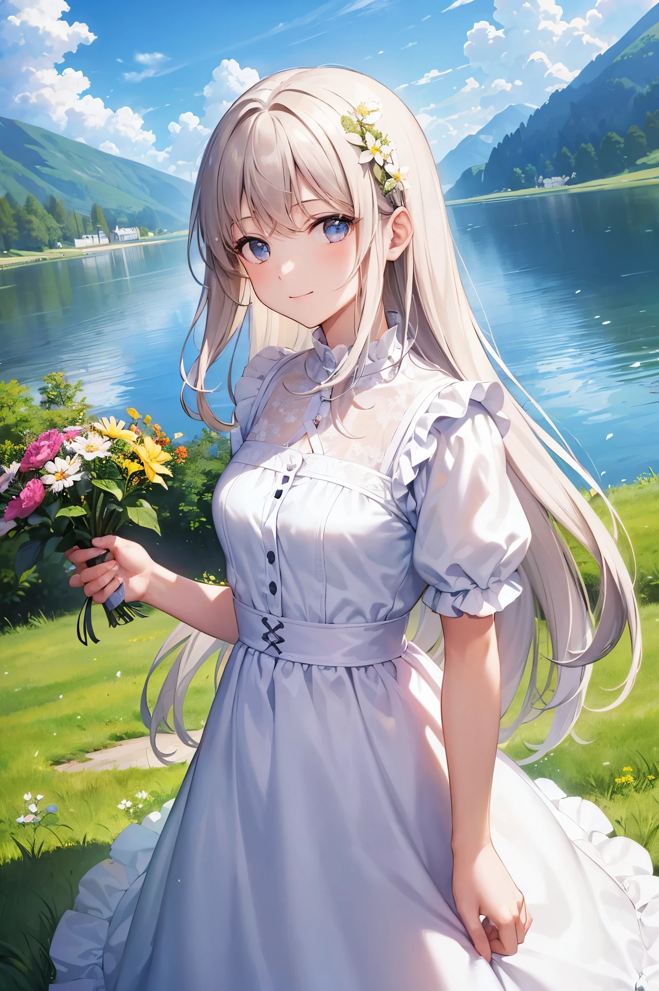 (masterpiece, Highest quality:1.2), One girl, alone, scenery, figure, View your viewers, Outdoor, Depth of field, Light on the face, Portraiture,
sunlight, null, smile, Are standing, Glowing Eyes, Lens flare, countryside, country, Long Hair, Floating Hair, flower, wood, lake, Hills, cloud, White Dress,