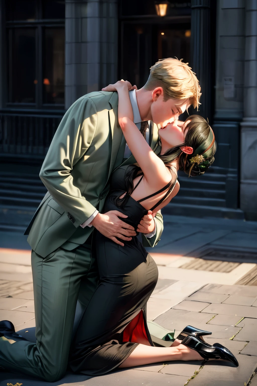 (realistic, photo-realistic:1.4), (masterpiece, best quality:1.2), high resolution, intricate details, extremely detailed, realistic and sharp details, (full body), couple, hetero, (1girl, hairband, black dress), (1boy wearing business suit, light green suit), couple hugging each other, (kissing:1.2), photo background, outdoors, 