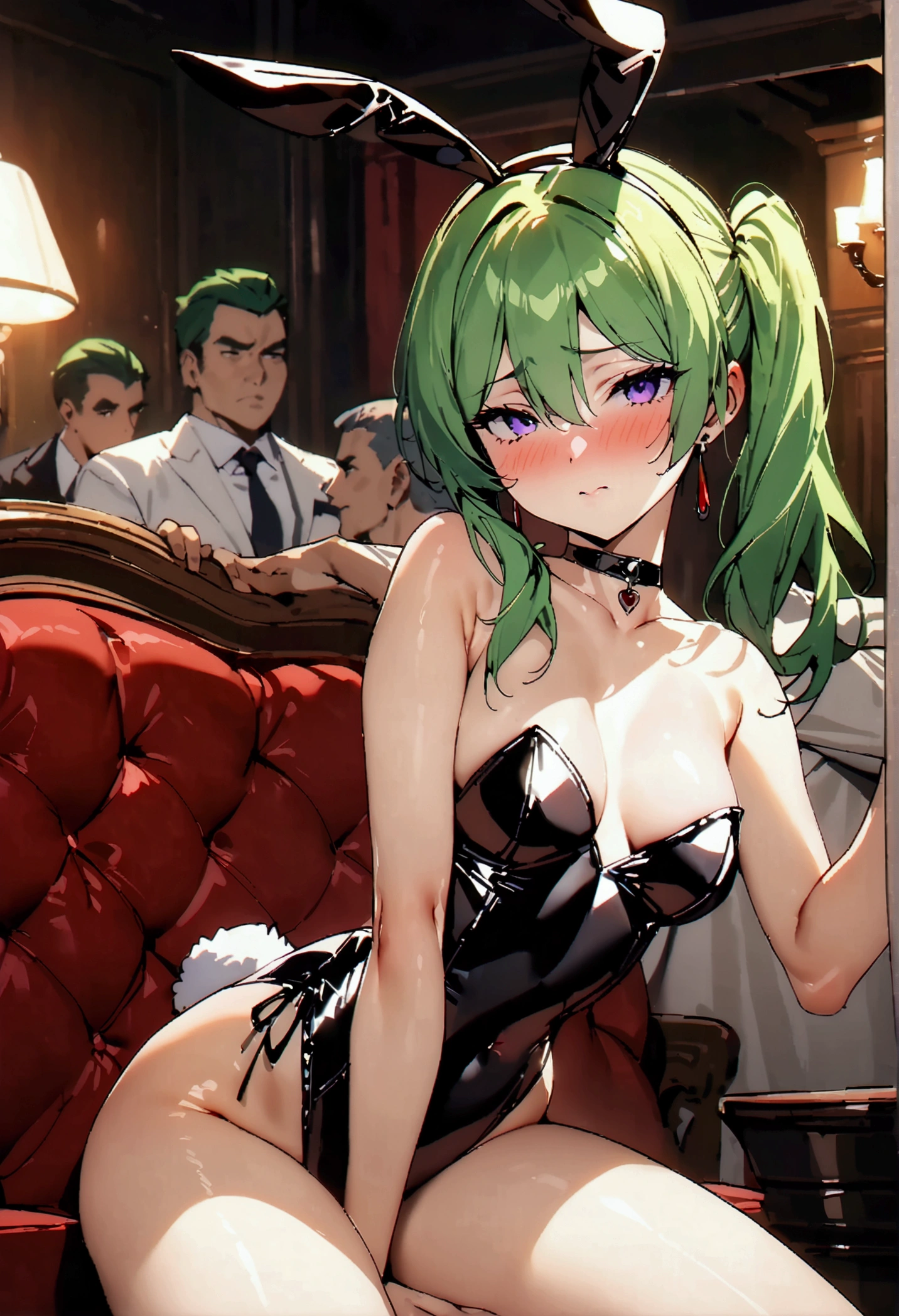 NSFW,masterpiece,Highest quality,High resolution,Super detailed,Uber\(Funeral of Frieren\),Green Hair、bangs、Hair between the eyes、Side Ponytail、Purple Eyes、choker、Playboy Bunny,clavicle,Embarrassed,blush,Luxurious Room,pub,Private room,sofa,heart,Sexy pose,(Noble men),Being spoiled,Lean on