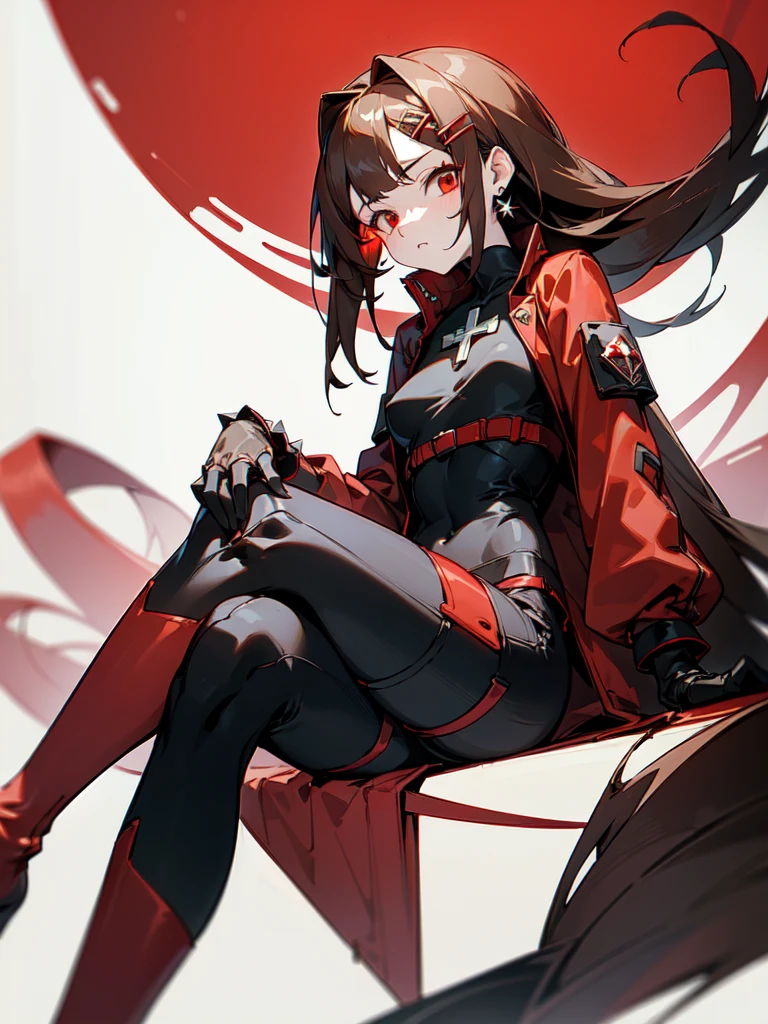 (masterpiece, sidelighting, finely detailed red eyes: 1.2), ((best quality)), ((masterpiece)), (highly detailed:1.3), anime,  girl, , childish body, tight suit, bodytight black t-shirt, red jacket, cropped jacket, long sleeves, two tone gloves (red upper palm and black lower palm) , bodytight shorts, clothes with pores, clothes with red lines, thigh high boots, high heels, pale skin, wearing white full face mask, faceless, (insanely long hair, brown hair, messy haircut, spiky hair, hairclips on left side, red highlights), small cross earrings, red tatto on left hand, solo, visible thighs, 1girl, twitching, crossed legs,