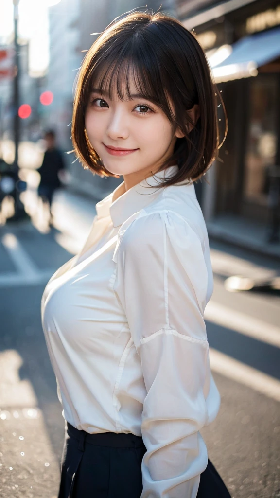 (Highest quality,masterpiece:1.3,Ultra-high resolution),(Very detailed,Caustics,8K),(Realistic:1.4,RAW shooting),1 Girl,(Smiling and looking at the camera),20-year-old,cute,Japanese,Short black hair,Long sleeve blouse,big ,Bust up shot,street,Face Focus,sunlight,Natural light,(Backlight),(A bright light shines from behind),(Lens flare),Professional Writing,(Low position:1.1),(Low Angle:1.1)