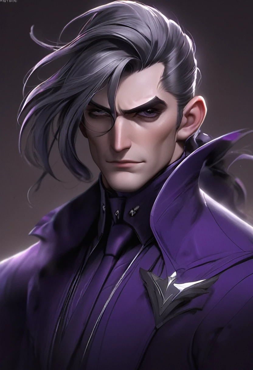 Villain character 30-year-old MAN, rough face, serious, with a slight smile on his face, dim eyes, shading in eyes and dark circles, silver gray hair with a ponytail and a bob that covers the right half of her face. Wear a villain suit, with cape. On his head he wears some dark ornament. pointy ears. Wears a headband on his chest. The suit is mainly dark purple.