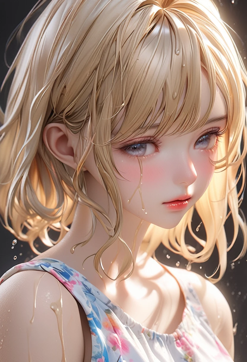 RAW Photos:1.2, masterpiece, Highest quality, 16K, Unbelievably absurd, Very detailed, Perfect beauty, Beautiful cute girl, Bangs,Blonde Bobcut, Close-up eyes, Looking down, Wet Hair, Splash, Sundress, Ultra-realistic:1.8