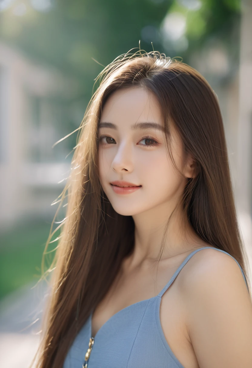 woman poses for a photo, lol, Happy, Long hair, Straight Hair, Delicate skin, daytime, Hot summer day, Natural lighting, Delicate face:1.2, Clear focus, Hasselblad Photography, masterpiece, Light makeup, light, 4K, best quality