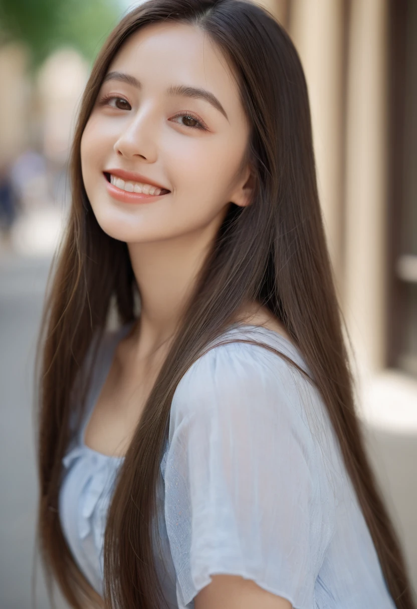 woman poses for a photo, lol, Happy, Long hair, Straight Hair, Delicate skin, daytime, Hot summer day, Natural lighting, Delicate face:1.2, Clear focus, Hasselblad Photography, masterpiece, Light makeup, light, 4K, best quality