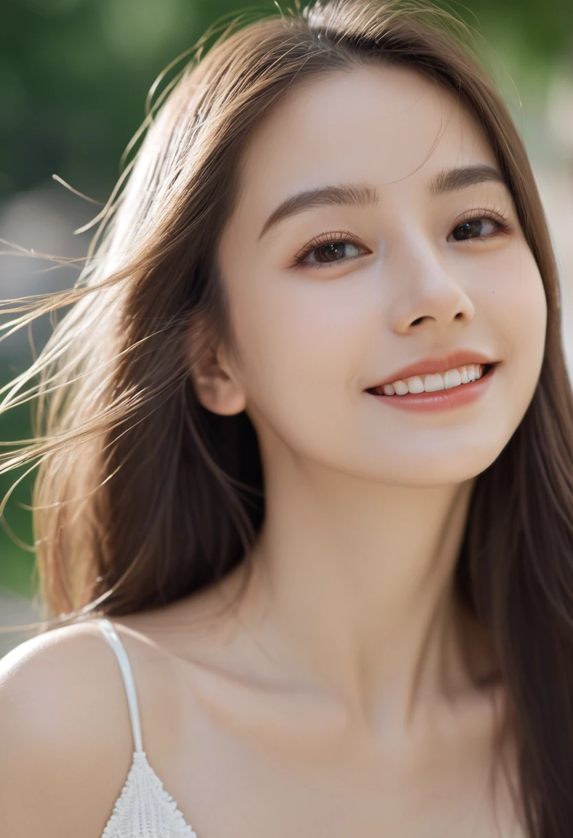 woman poses for a photo, lol, Happy, Long hair, Straight Hair, Delicate skin, daytime, Hot summer day, Natural lighting, Delicate face:1.2, Clear focus, Hasselblad Photography, masterpiece, Light makeup, light, 4K, best quality