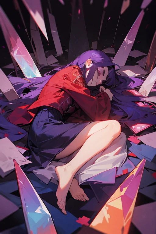 In a crystal coffin, The dead female leader lies quietly inside, The red flag covered her like a quilt, She only showed her head, The whole body is covered with red flags, She seemed to be asleep., Long blue-purple hair, A group of mourners surrounded her.