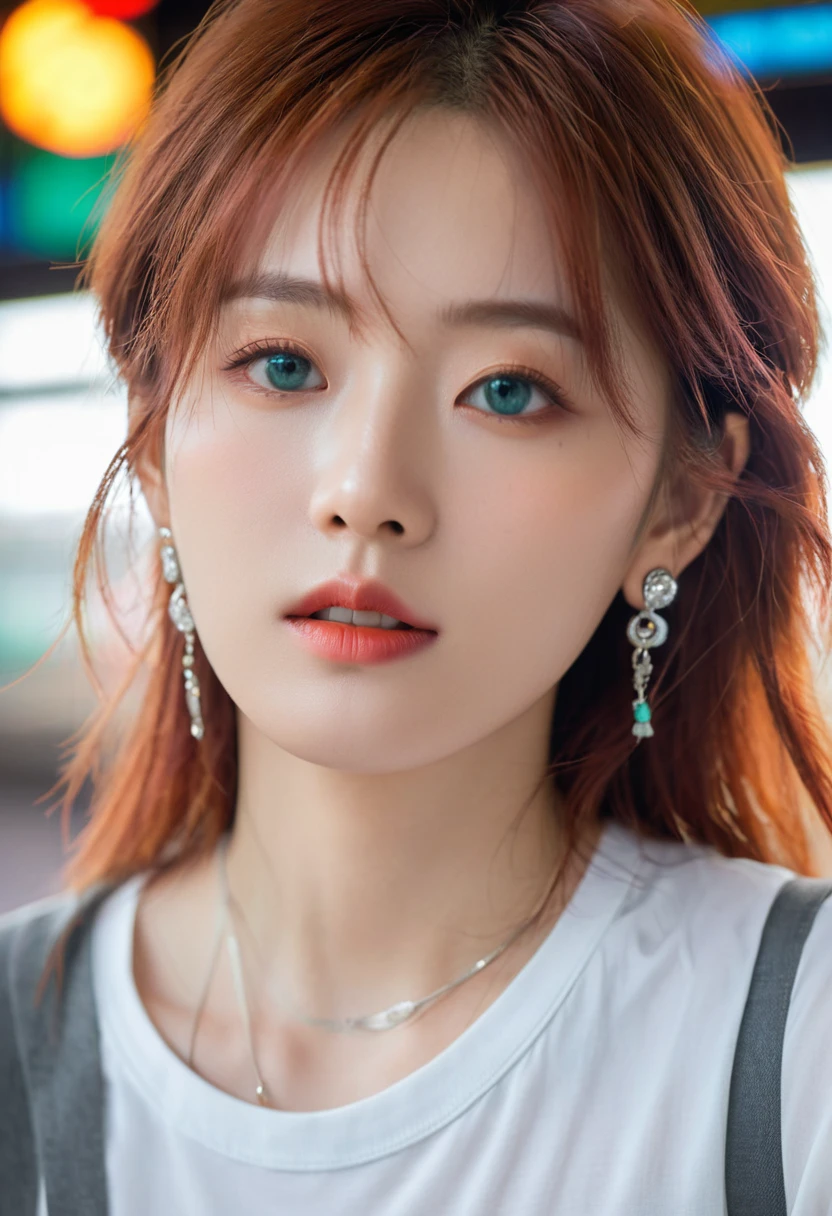 (best quality),(masterpiece), (Extremely detailed 8k wallpaper),Extremely detailed,light, 详细的light, The best shadow, Dynamic Angle, From the bottom, train station, train, Traffic lights, 1 boy, Leonard Deng, Red hair, Aqua eyes, earrings, Single speaker, There are streaks on the face, sparkling, White shirt,, Delicate face, Detailed reflective eyes, beautiful eyes, 极其Delicate face,Reflective hair,
