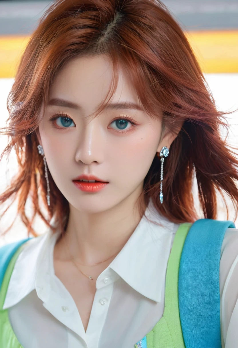(best quality),(masterpiece), (Extremely detailed 8k wallpaper),Extremely detailed,light, 详细的light, The best shadow, Dynamic Angle, From the bottom, train station, train, Traffic lights, 1 boy, Leonard Deng, Red hair, Aqua eyes, earrings, Single speaker, There are streaks on the face, sparkling, White shirt,, Delicate face, Detailed reflective eyes, beautiful eyes, 极其Delicate face,Reflective hair,