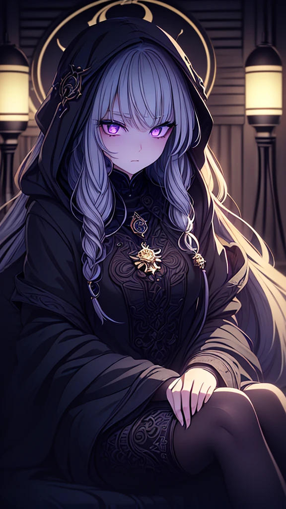 ((best quality)), ((masterpiece)), (detailed), une fille, visage parfait, Longhaire, ((golden hair)), curly hair, decorated cheveux, ultramarine blue eyes,(

Name: Yugure
Element: UMBRANOX
Description: A reclusive and enigmatic mage, shrouded in darkness and shadows. With cryptic wisdom and unparalleled mastery over the Umbranox element, Yugure is a mesmerizing enigma, feared and respected by all.
Prompt: (((Obra maestra, La mejor calidad, ultrahigh resolution))), 1girl, sitting, (long black hair:1), (pale skin:1), ((dark purple eyes:1)), ((glowing_eyes:1)), (((ultra detailed eyes:0.7, beautiful and detailed face, detailed eyes:0.9))), ((three-quarter view, indoor:0.8, candlelit:0.9))), (full chest:1), (crossed legs), ((hooded:1, mysterious aura:1)), (((hand holding a staff:1))), ((deep, introspective eyes:1)), ((diffused, dramatic lighting:1)), interior, indoor, background, ((defined subject:1.2, eldritch theme:0.9)), 30 years old, (squinting), (((somber:1.2))), ((mysterious:1.3)), (((high contrast:1.2)))

)
