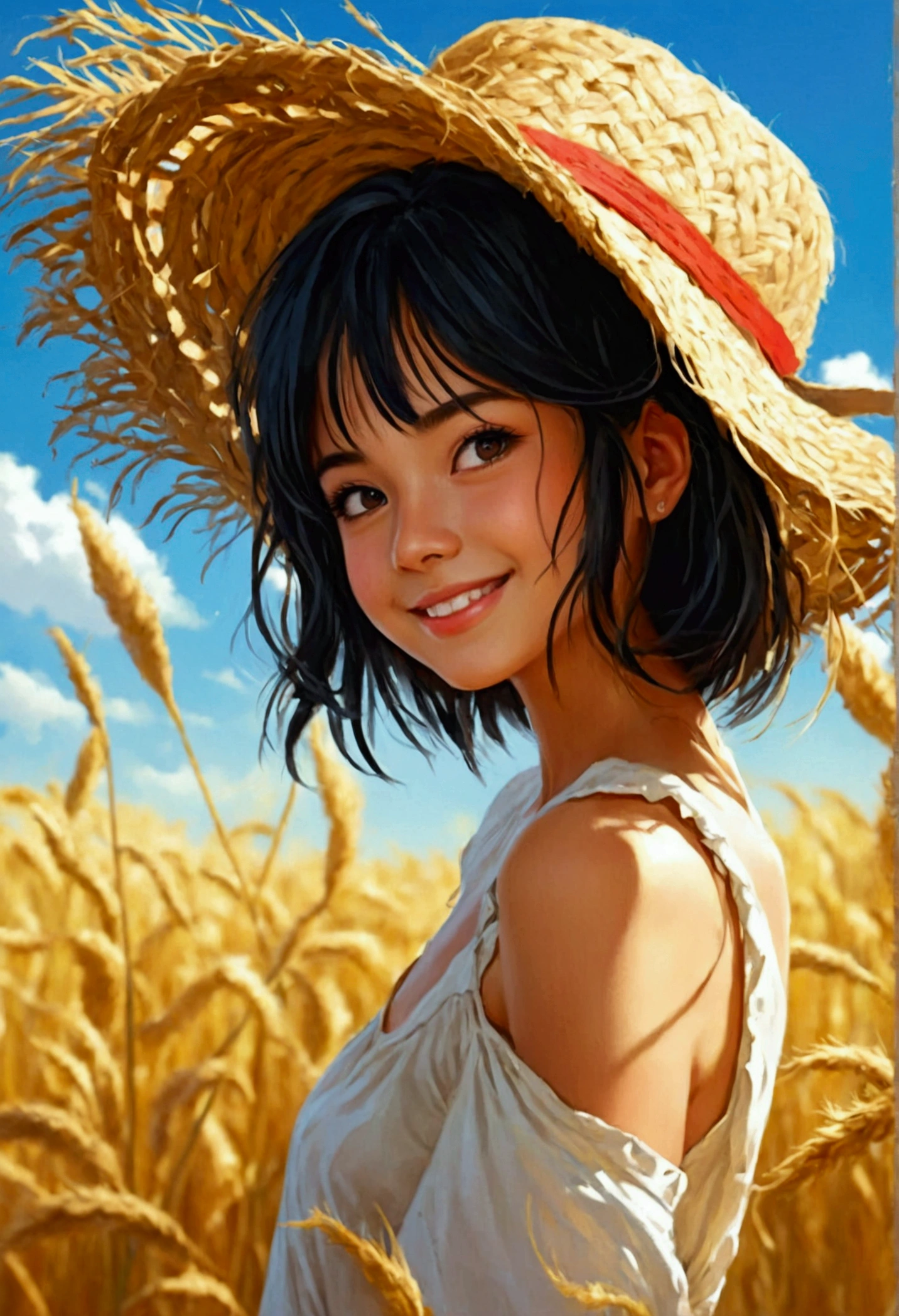 a beautiful girl who's age like 25, appeared from a jute field, detailed skin, realistic, natural smile, looke at viewer, color of jute field is like 'biscute', she wore a whit dress, that her beast slitghtly seen fron one side.