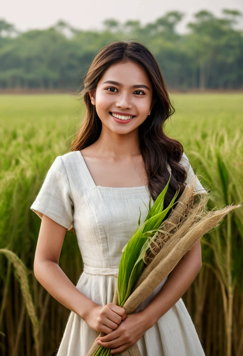 a beautiful girl who's age like 25, appeared from a jute field, detailed skin, realistic, natural smile, looke at viewer, color of jute field is like 'biscute', she wore a whit dress, that her beast slitghtly seen fron one side.