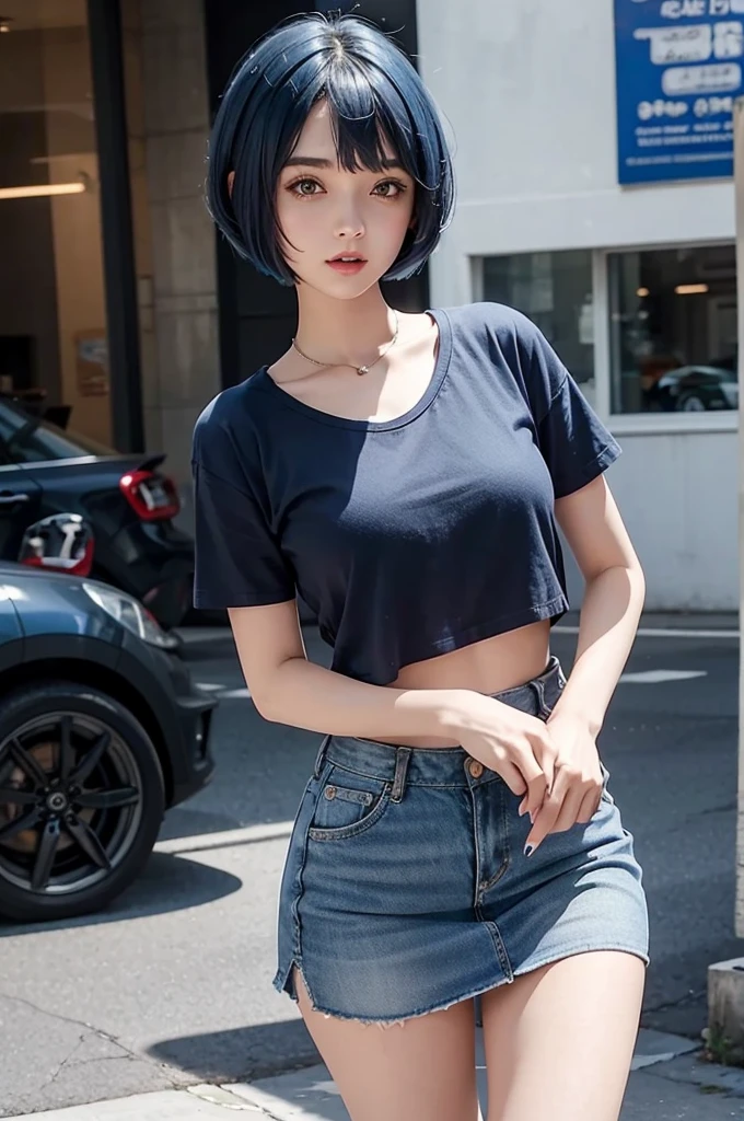 Girl with short blue hair, bob haircut, third breast size, short T-shirt, mini skirt, the guy put his hand between the girl&#39;s breasts