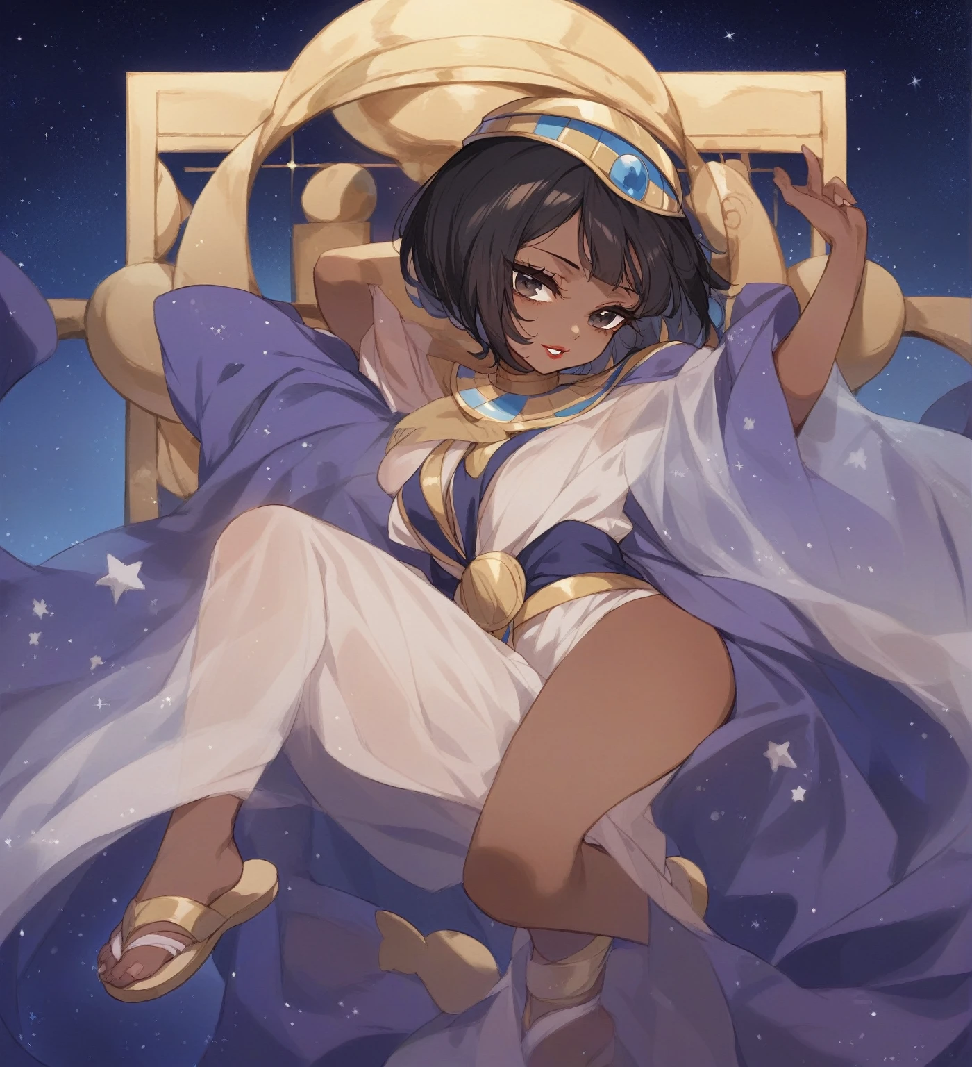 BREAK Perfect Anatomy、(High resolution:1.2)、Incredible illustrations、(Cute illustrations:1.2)、 (Beautiful background,starry skies) 1girl(Black hair, short cut, princess cut, eye shadow, lipstick(dark skin:1.8))
Osiris robe, see-through shawl, sandals(egyptian priest)