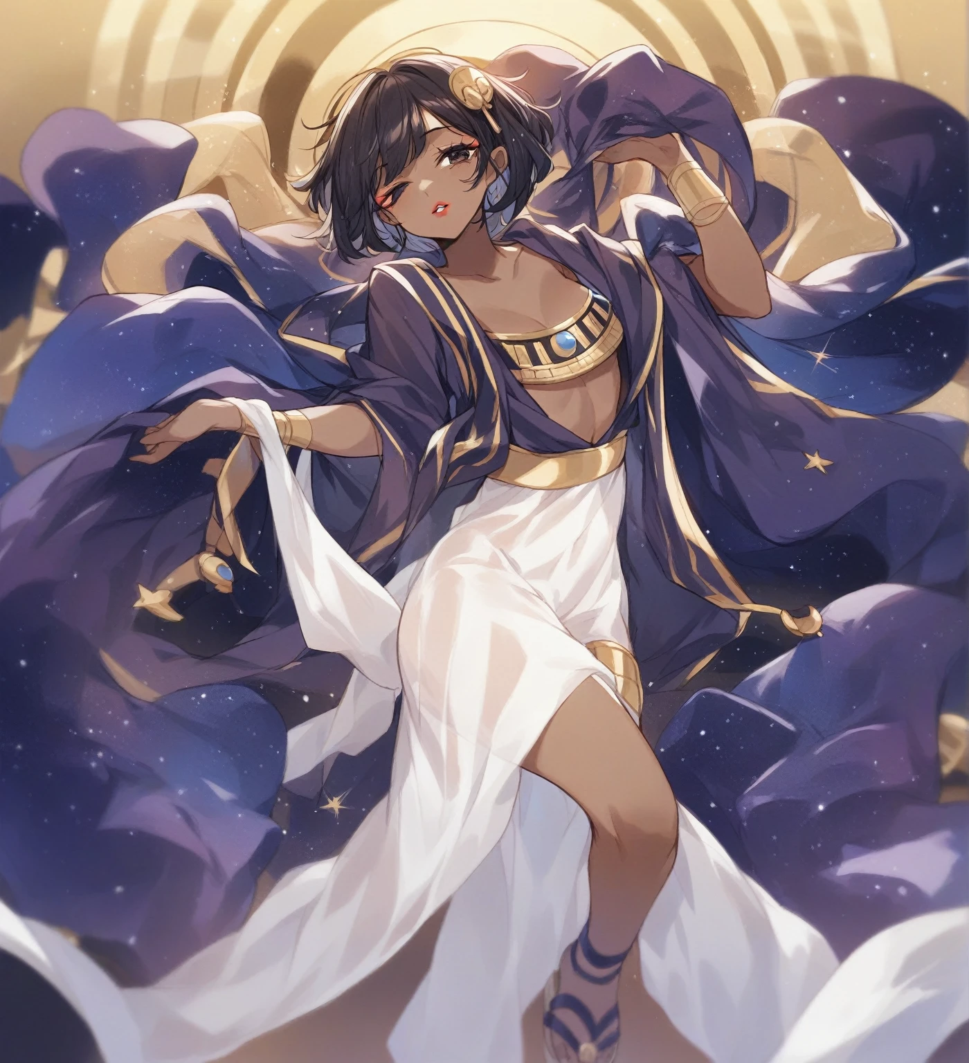 BREAK Perfect Anatomy、(High resolution:1.2)、Incredible illustrations、(Cute illustrations:1.2)、 (Beautiful background,starry skies) 1girl(Black hair, short cut, princess cut, eye shadow, lipstick(dark skin:1.8))
Osiris robe, see-through shawl, sandals(egyptian priest)