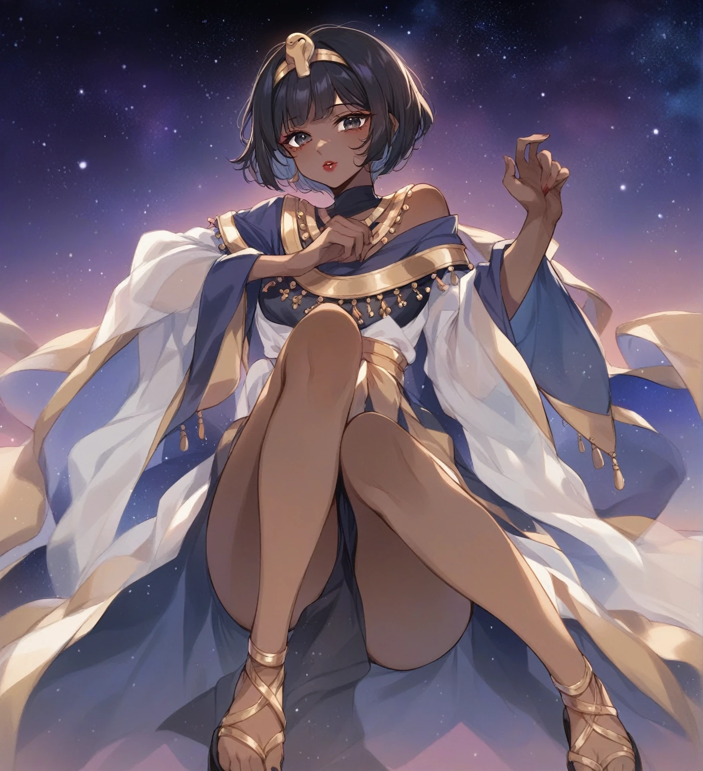 BREAK Perfect Anatomy、(High resolution:1.2)、Incredible illustrations、(Cute illustrations:1.2)、 (Beautiful background,starry skies) 1girl(Black hair, short cut, princess cut, eye shadow, lipstick(dark skin:1.8))
Osiris robe, see-through shawl, sandals(egyptian priest)